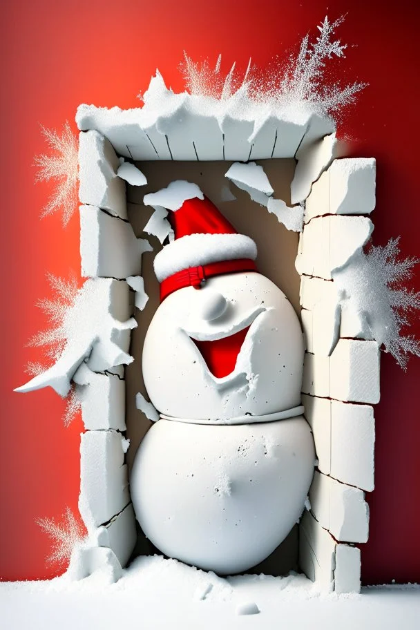 3d Christmas snowman, bursting out through a wall, plaster texture, white and red, 3d background