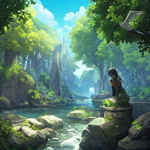 anime girl meditating, rock trees, birds, creek