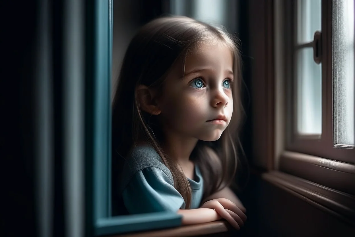 An eight-year-old girl looks out of a window inside the classroom, her hand is not visible