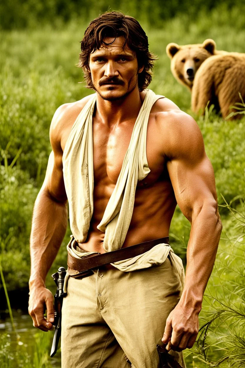 fighting hot man fighting in the hunger games, slaughtering his enemies and a bear, mix with pedro pascal