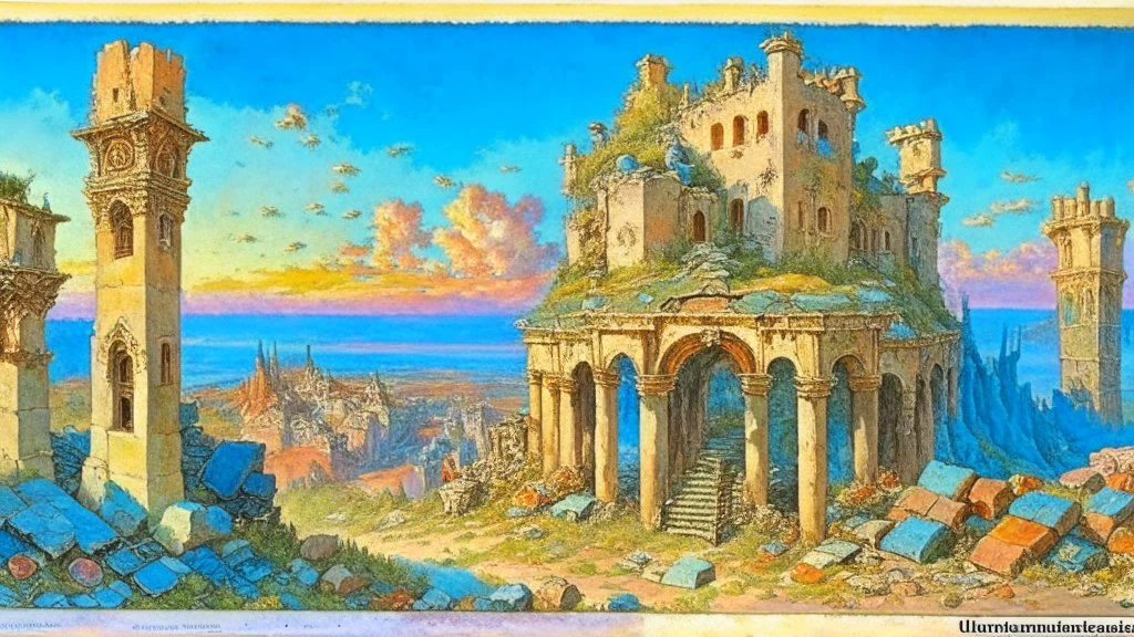 Destroyed City, medieval ruins, debris, stone, breched, brocken, Perspektiv from the sky, by Jean-Baptiste Monge, Ivan Bilibin, Albert Bierstadt, Reza Badrossama, watercolor, intricate details, fantasy, beautiful, oil on canvas, award winning, imperial colours, fantastic view, radient colours, very attractive, crisp quality