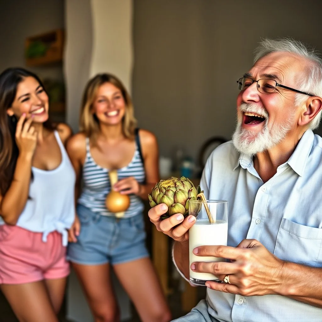 Fotografia alta definizione di due donne che sorridono in pantaloncini corti piangendo a crepapelle, uno di loro ha una cipolla in mano, mentre un anziano ride mangiando un carciofo e tenendo un bicchiere di latte in mano
