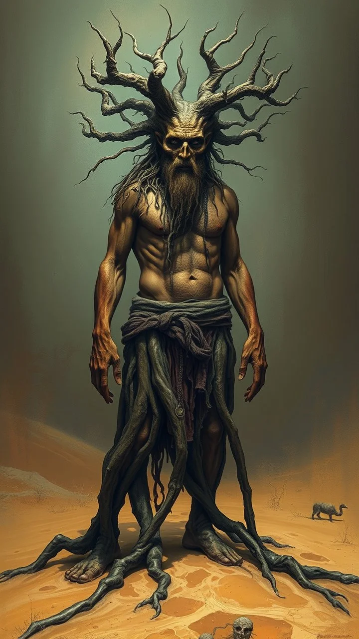 Bosch painting style nightmare, a man with legs looks like tree roots , and head looks like wizard head, in the desert sands , dramatic sad scene, fantasy, scary.