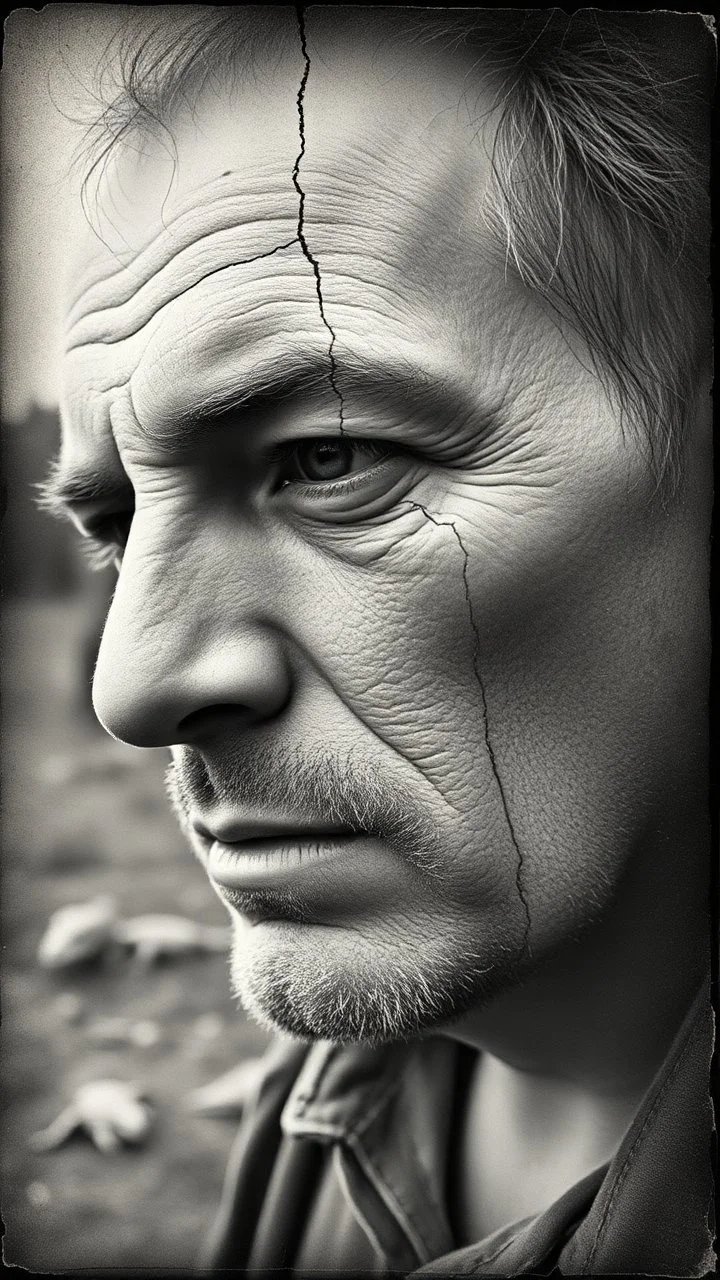 An old picture style of black and white mono very bad quality looks very old camera picture with cracks of a man with a cracked turtle Face ,the year 1900 in the background from a distance dinosaurs