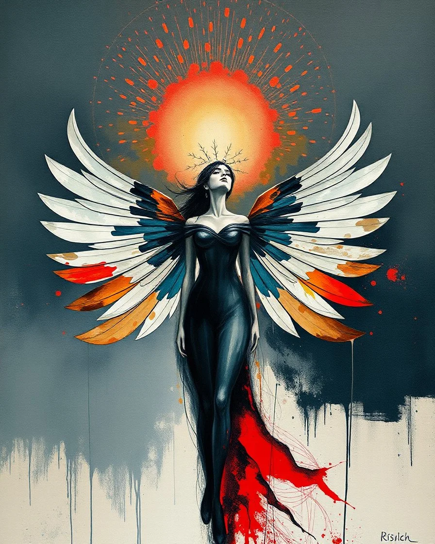 Minimalist abstract artwork in mixed media, depicting a woman with wings like a peacock's fanned plume, radiating as a colorful aura. Contemporary, minimalistic, and surreal, conveying enlightenment, discovery, and exhilaration. Influenced by Jacek Yerka and Richard Burlet, with subtle textures and a sophisticated palette of muted neutrals, deep blues, and striking red accents. Visionary and esoteric, with an emotional, mystical quality.