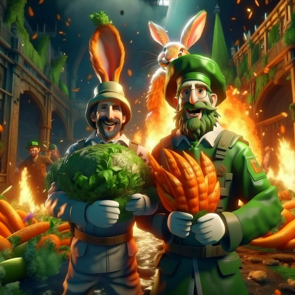 victory portrait of crazy cook and army officer holding huge carrots rockets inside grove with huge fluffy hare with mutations getting blasted by explosions, 4 k, down-light, soft light, depth of field, photo realism, trending on art station, high detail, spray paint