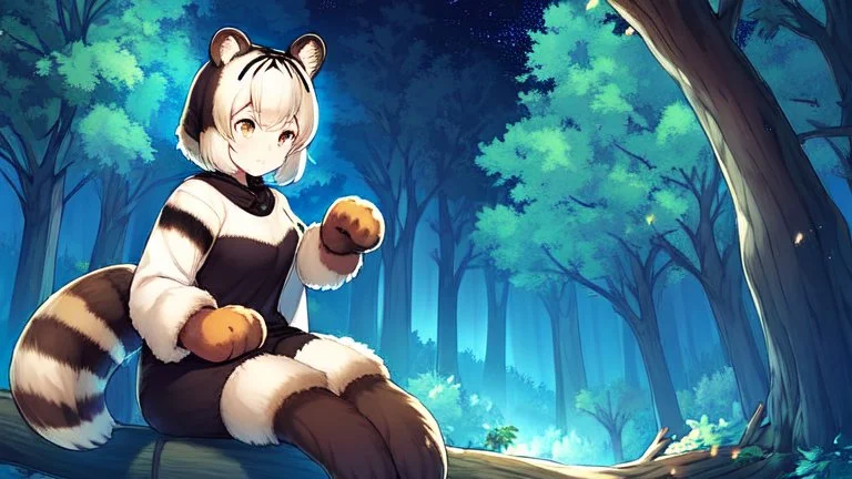 Girl, raccoon tail, raccoon ears, sit on tree, night time, forest, raccoon paws in foot, raccoon hand