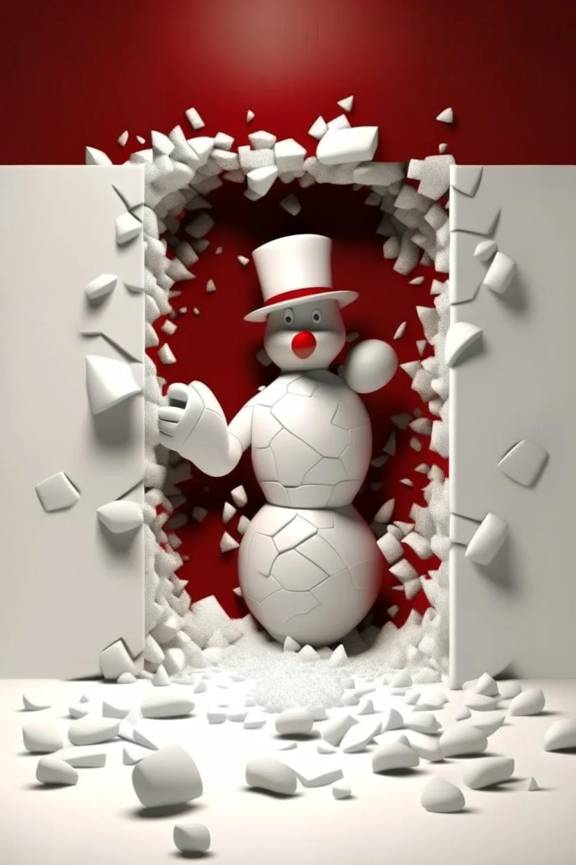 3d Christmas snowman, breaking through the wall, plaster texture, white and red, 3d background