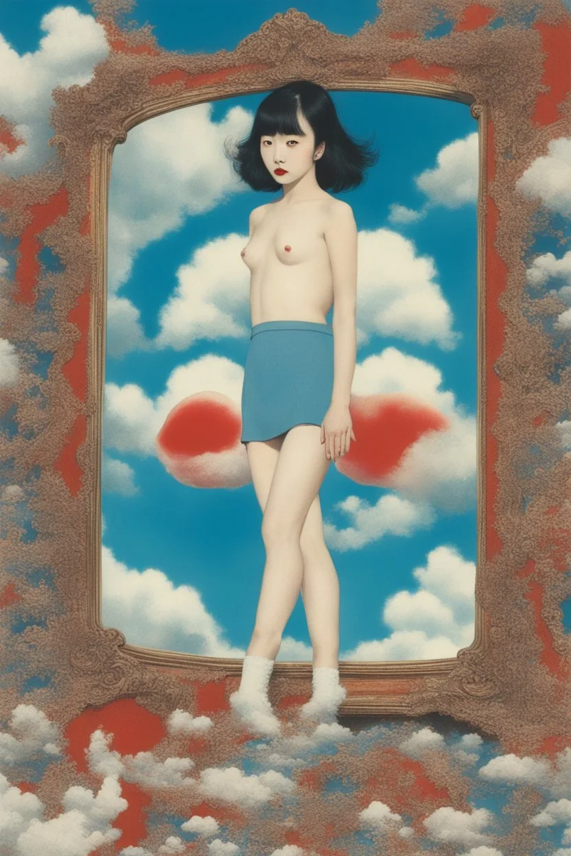 girls leg,cloud in blue sky, a red lip, collage art, shuji terayama, dreamy objects, surreal, criterion collection, showa era, intricate details, mirror