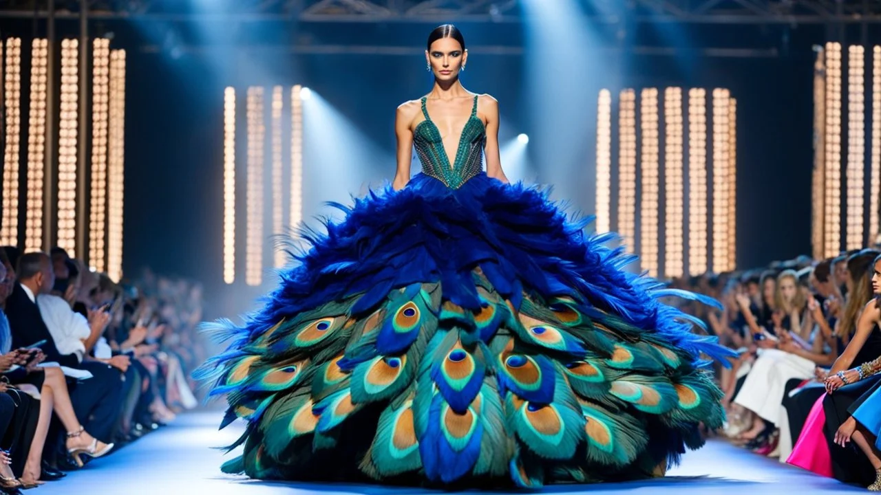 wide shot from unique long, impressive dress made of bird feathers, decorated with peacock feathers, harmonious colors, fashion show of extreme clothes, bird-like model make a pos, fashion, volumetric lights, intricate details, sharp focus, cinematic, landscape with runway