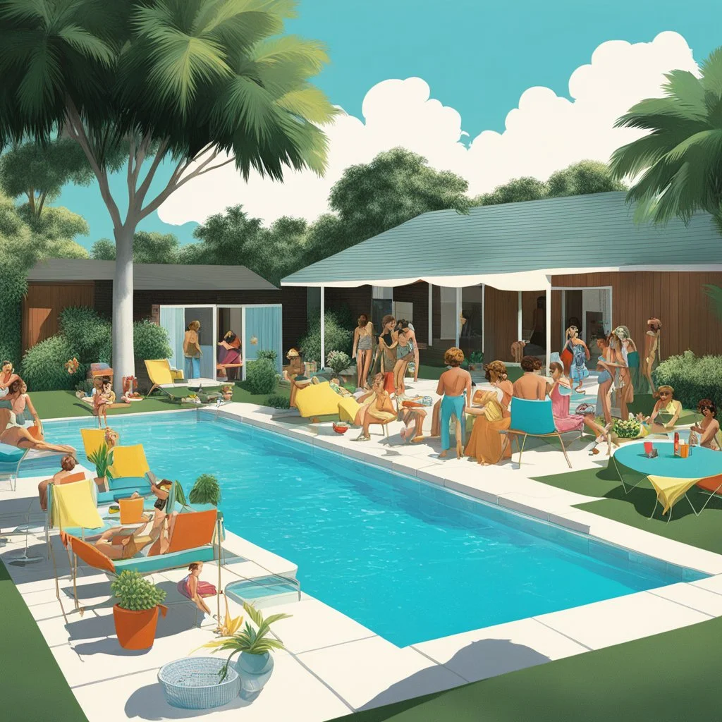 This is a digital artwork depicting a backyard pool party in the 1970s