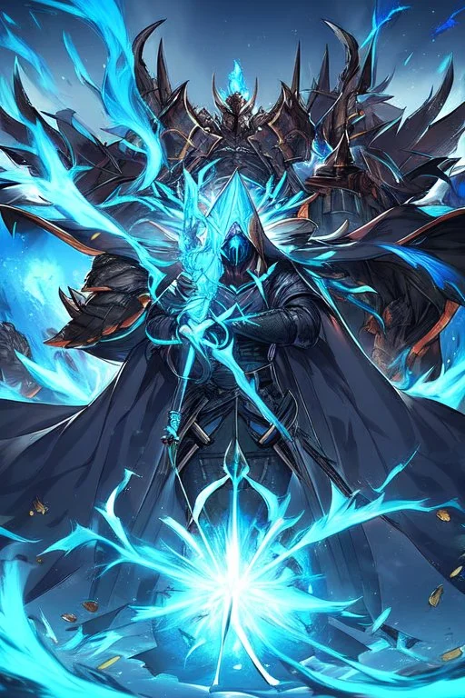 A warrior with a matte black combat helmet and eyes with bright blue flaming pupils, a black cape and a long coat with long combat boots and a long, sharp and fiery spear and with his helmet under his cape and two blue flames instead of eyes