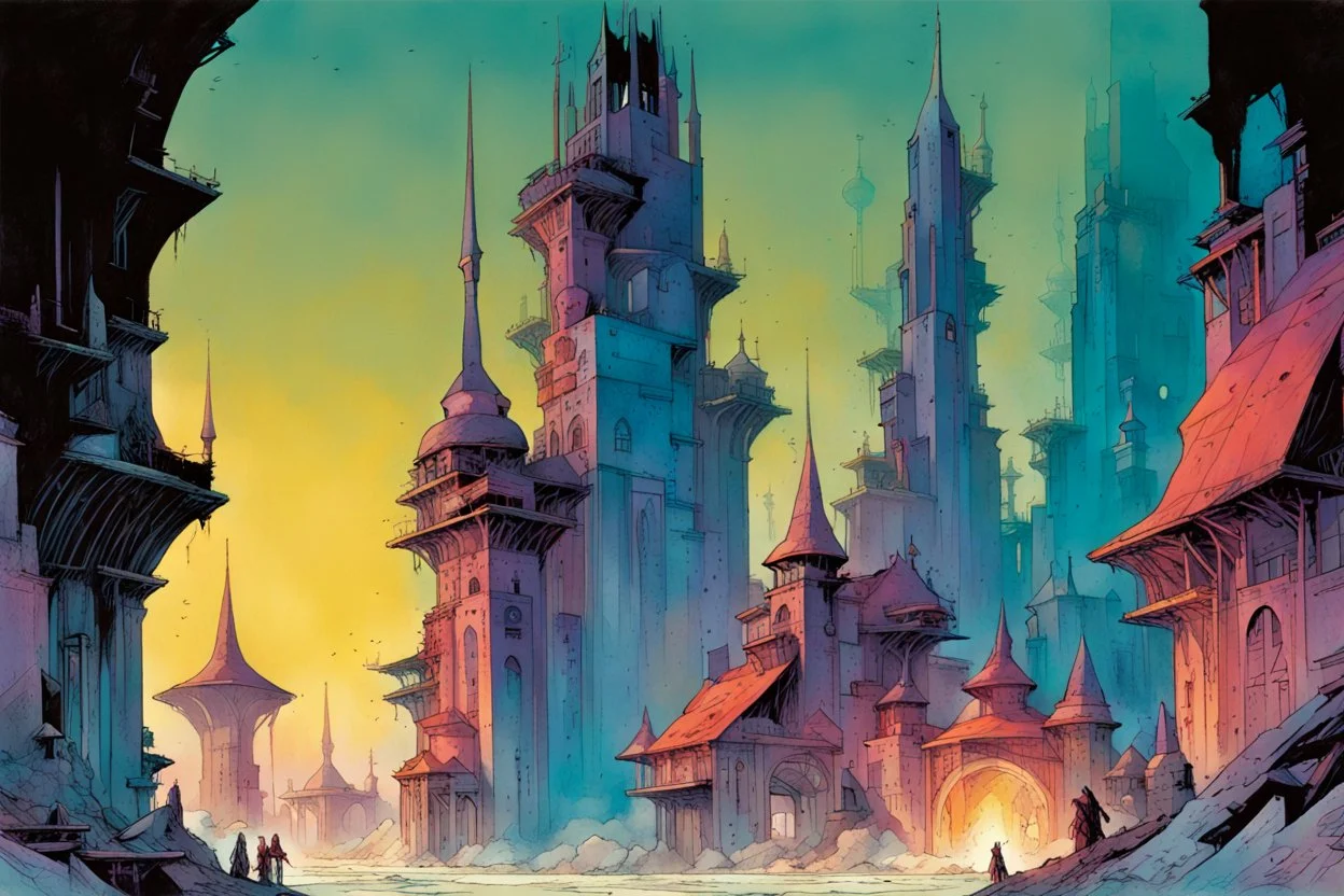 create a wildly imaginative illustration of an ethereal, otherworldly , thriving, antediluvian sorceress city, arcane magical architecture, in the comic book art style of Bill Sienkiewicz, Mike Mignola, and Jean Giraud Moebius, finely drawn, colored and inked, suffused with dramatic natural light and shadow