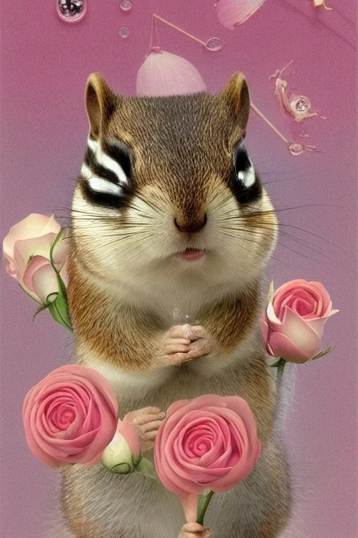 adorable chipmunk holds a diamond, roses on the beach, soft rounded edges, gentle, serene, magical, pastel colours, dynamic lighting, a masterpiece, surreal, Catrin Welz Stein style in sunshine