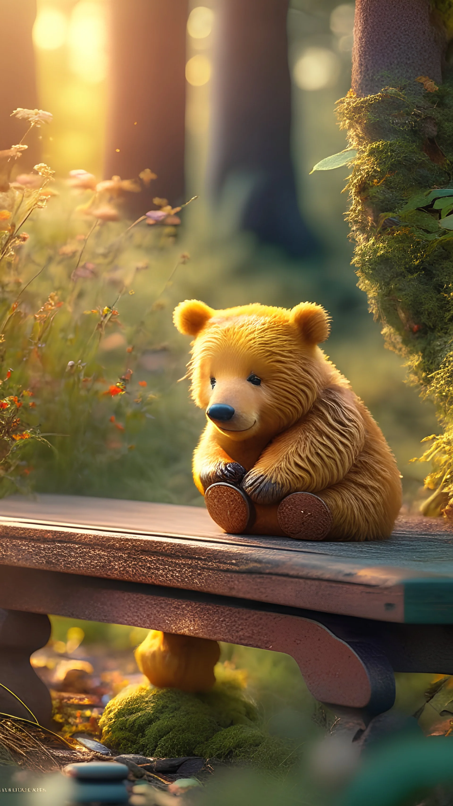 Photoreal close-up Winnie de Pooh covered in honey on a moss covered bench at dawn