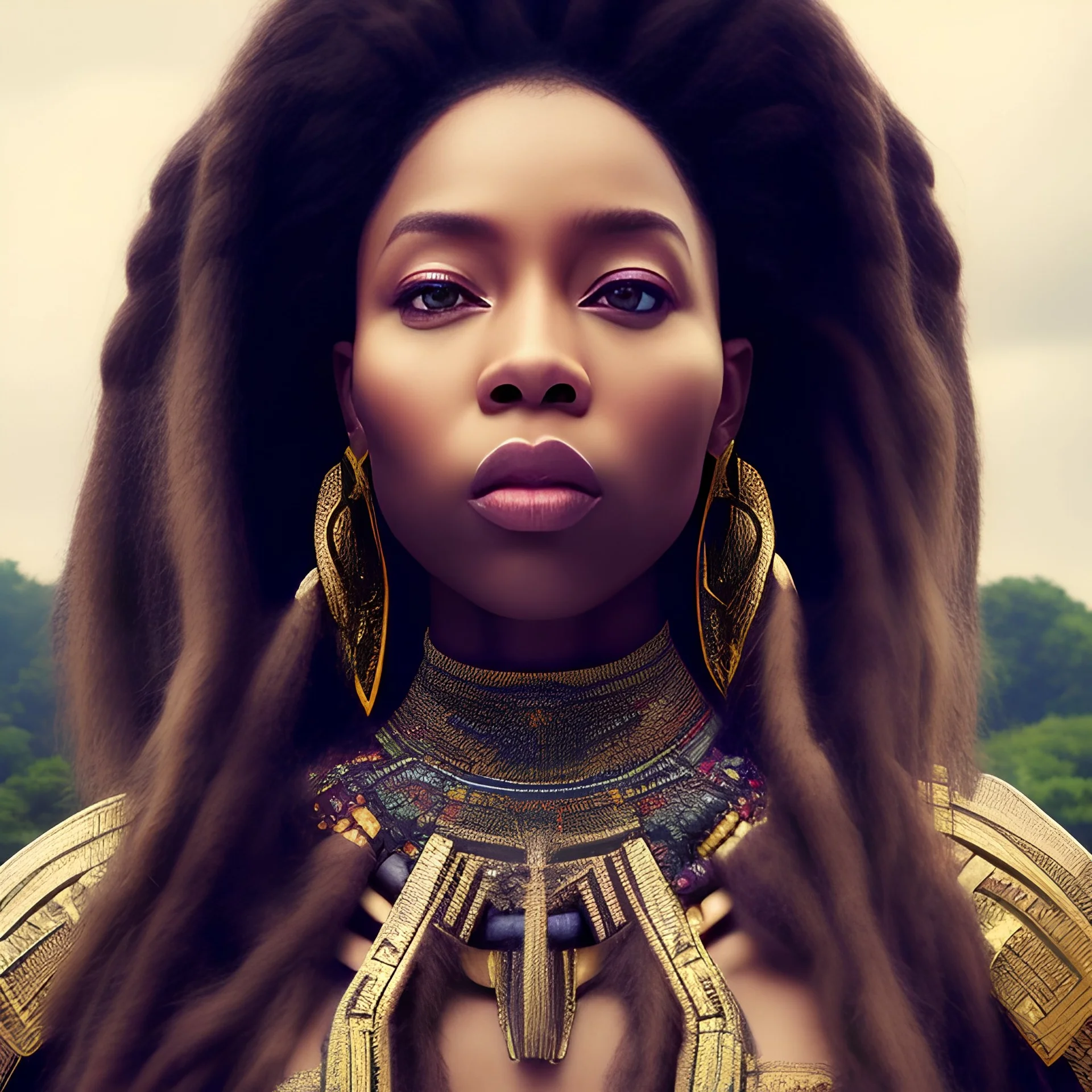 portrait of detailed beautiful model, big eyes, wide nose, head looking up,, dread locks rooted, ground, entangled by trees, Wakanda forever, warrior, Africa, glowing skin, flowing dress, with trees and wood, coloured skin, deep brown, art photography, soft focus, ultrarealistic UHD face, 85mm, Canon, bokeh, blue background, stunning