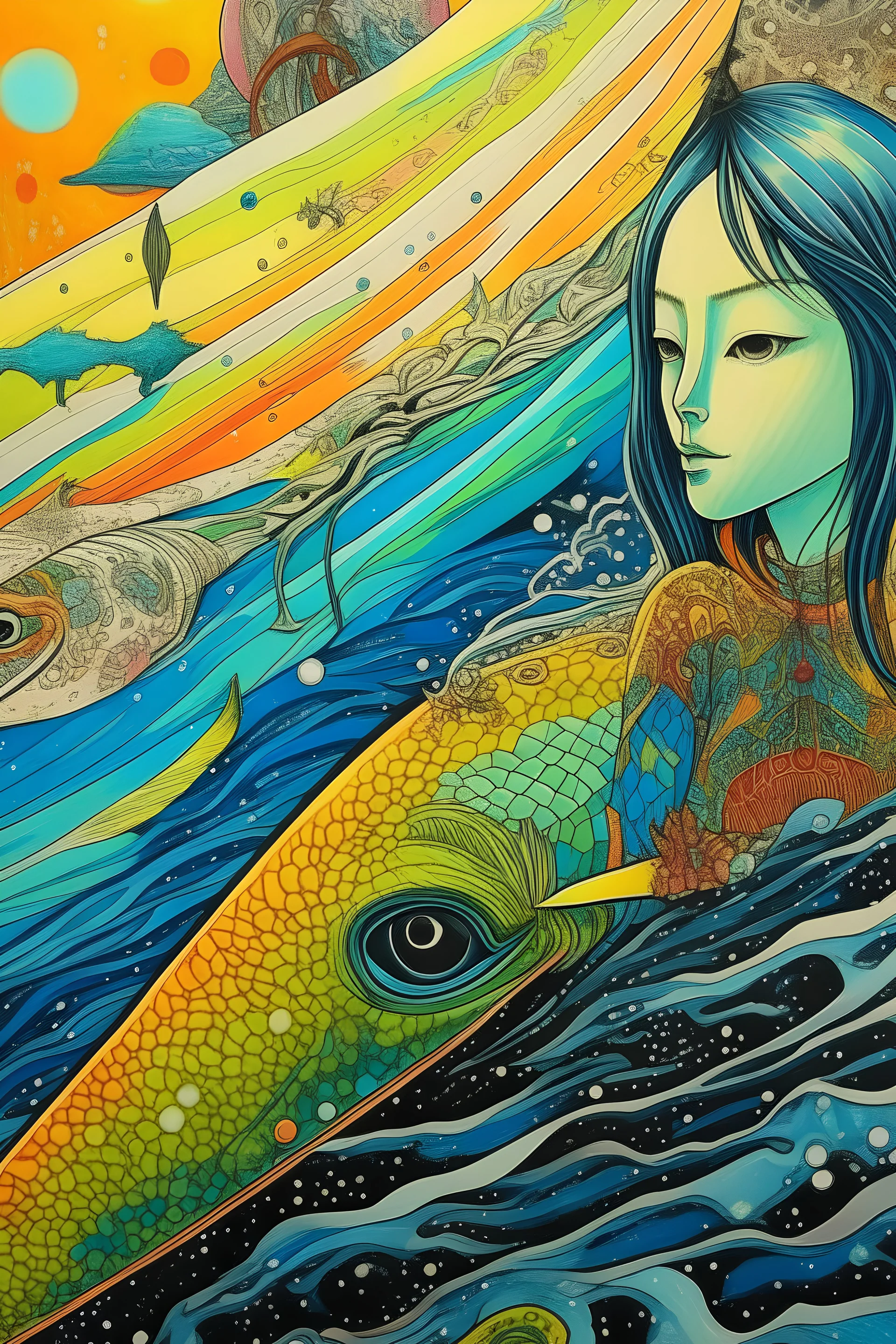 a close up of a painting of a person on a surfboard, an ultrafine detailed painting, inspired by Yoshitoshi Mori, psychedelic art, zoology! fantastical creatures, pointillisme, japanese 1 9 8 0's album cover, in the styles of joan miro, painting of ornate space ship, colored photo, yuya nagai, rendering