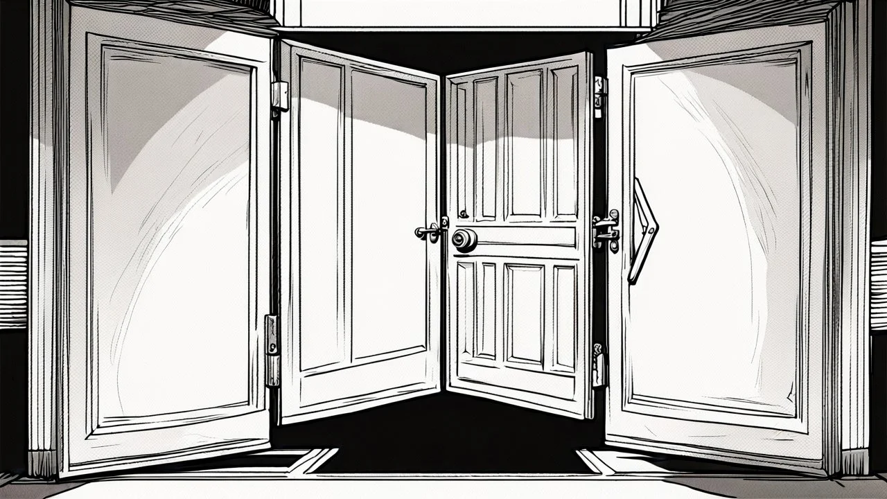 unhinged door, anime, monochrome, black background, ink, simple, maximum quality, broken hinge, barely functioning, centered on frame, far view