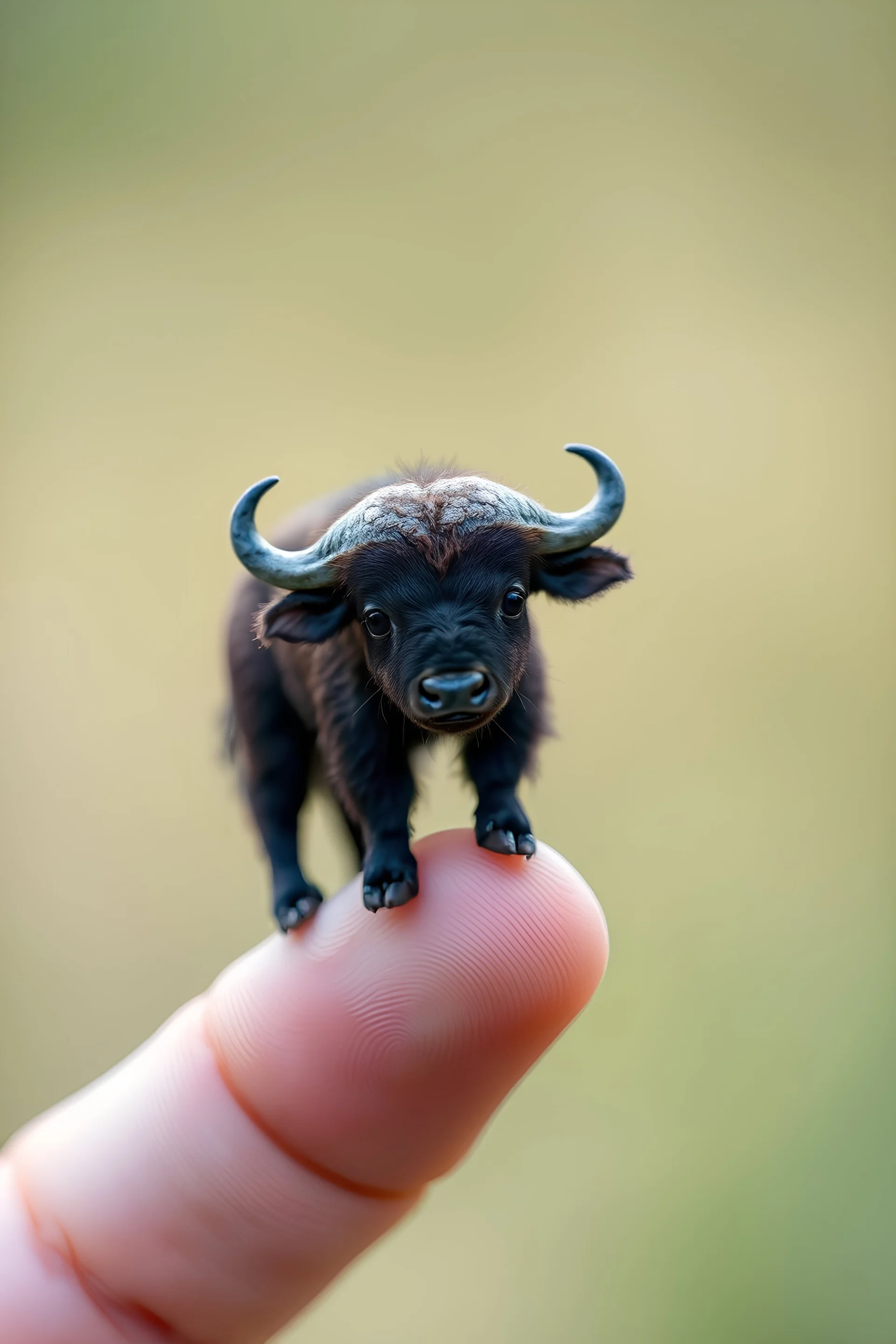 Photorealistic, a extremely small micro baby Buffalo perched on a human finger