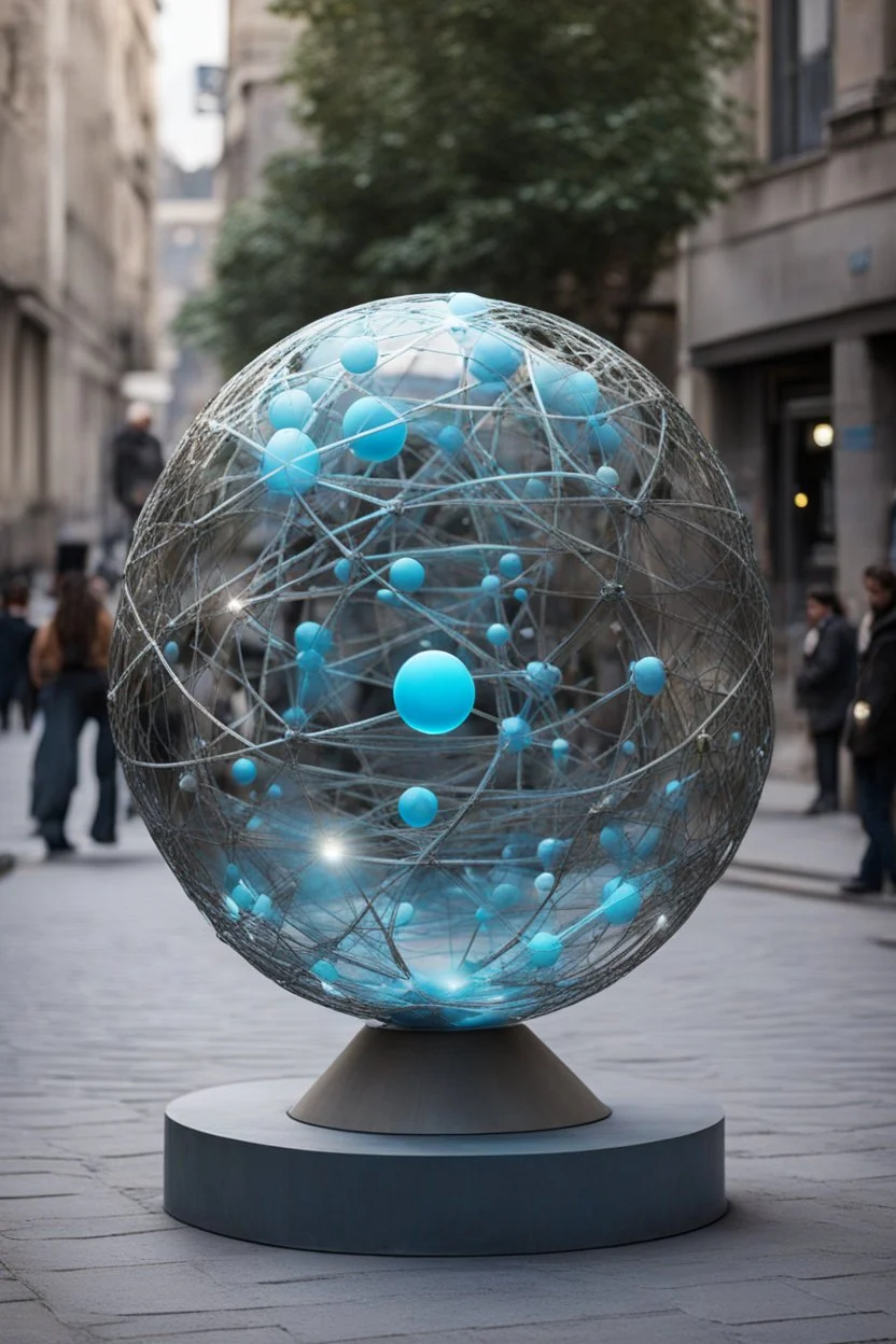 статуя на улице, Шар как атом/молекула: Сделать поверхность шара похожей на модель атома или молекулы, используя геометрические формы, светящиеся элементы или проекцию.