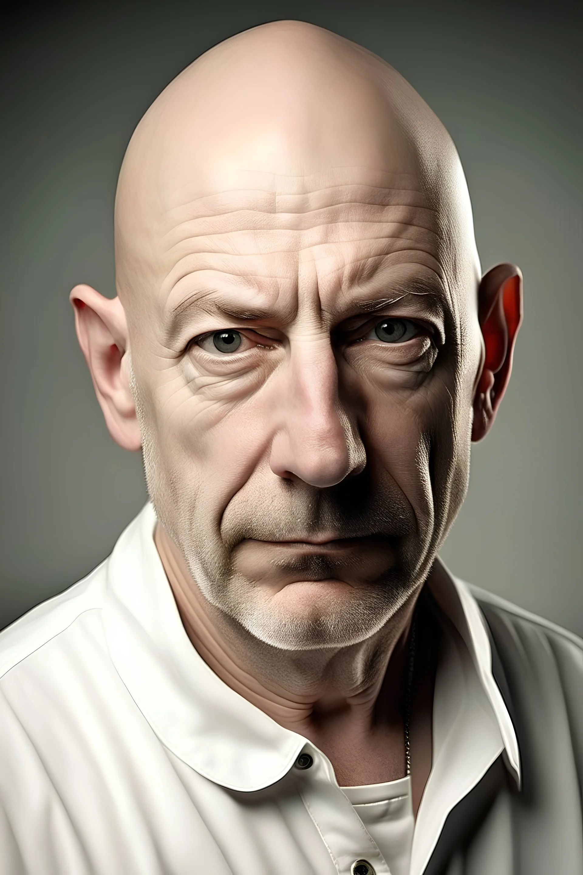 Bald man, 40 years old, discontented look, wide nose, wrinkles, white overalls