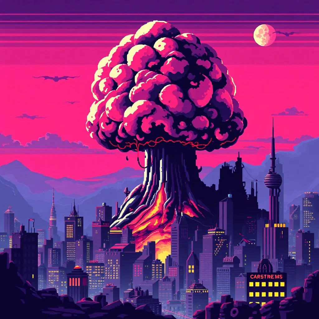 8 bit pixelart city, atomic mushroom cloud, synthwave, destroyed city