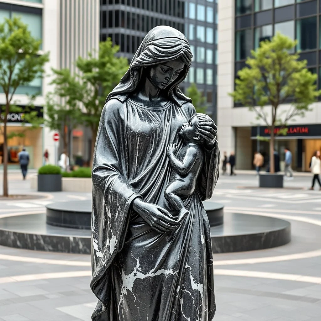 photo of a lady statue made of black marbel showing a goddoss love mother and baby in a modern city center