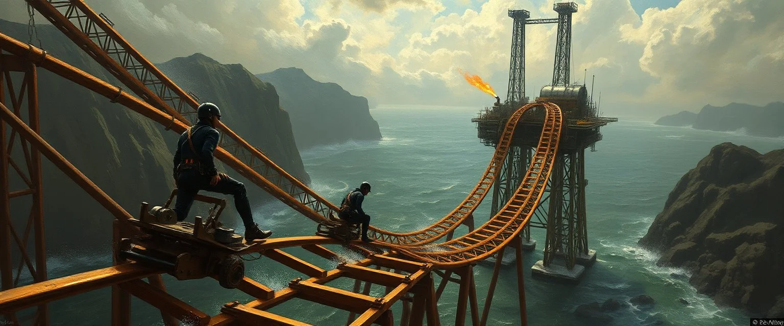 master oil painting by Rembrandt, roller coaster with some bad ass power off shore oil platform cyber punk people experiencing gravity at its worst