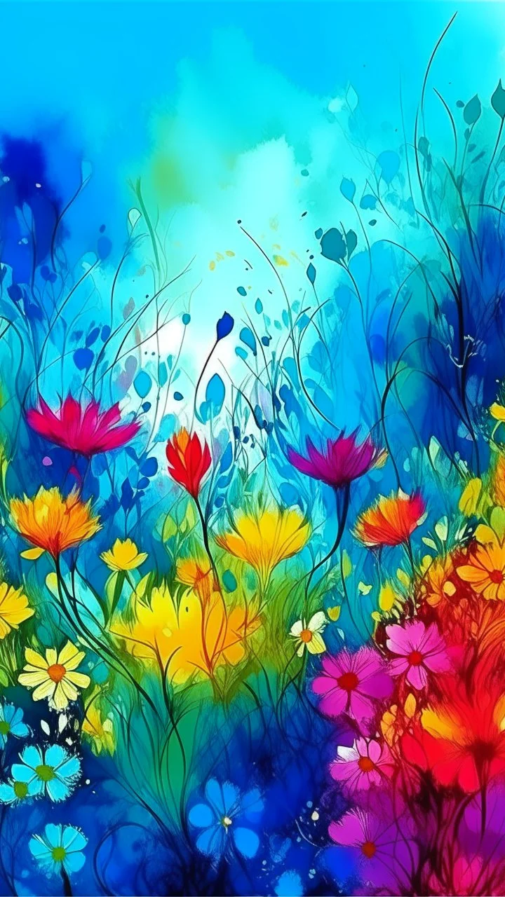 a smear . Field of wild a colorful flowers watercolor drawing on a blue splash colors background