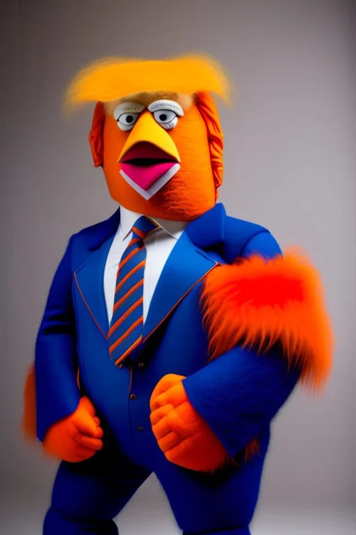 a Film Photograph of an orange Donald Trump Muppet made of felt and fur wearing a dark blue suit and red tie, lips are pursed