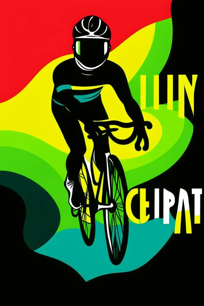 A colorful design with a silhouette of a cyclist r