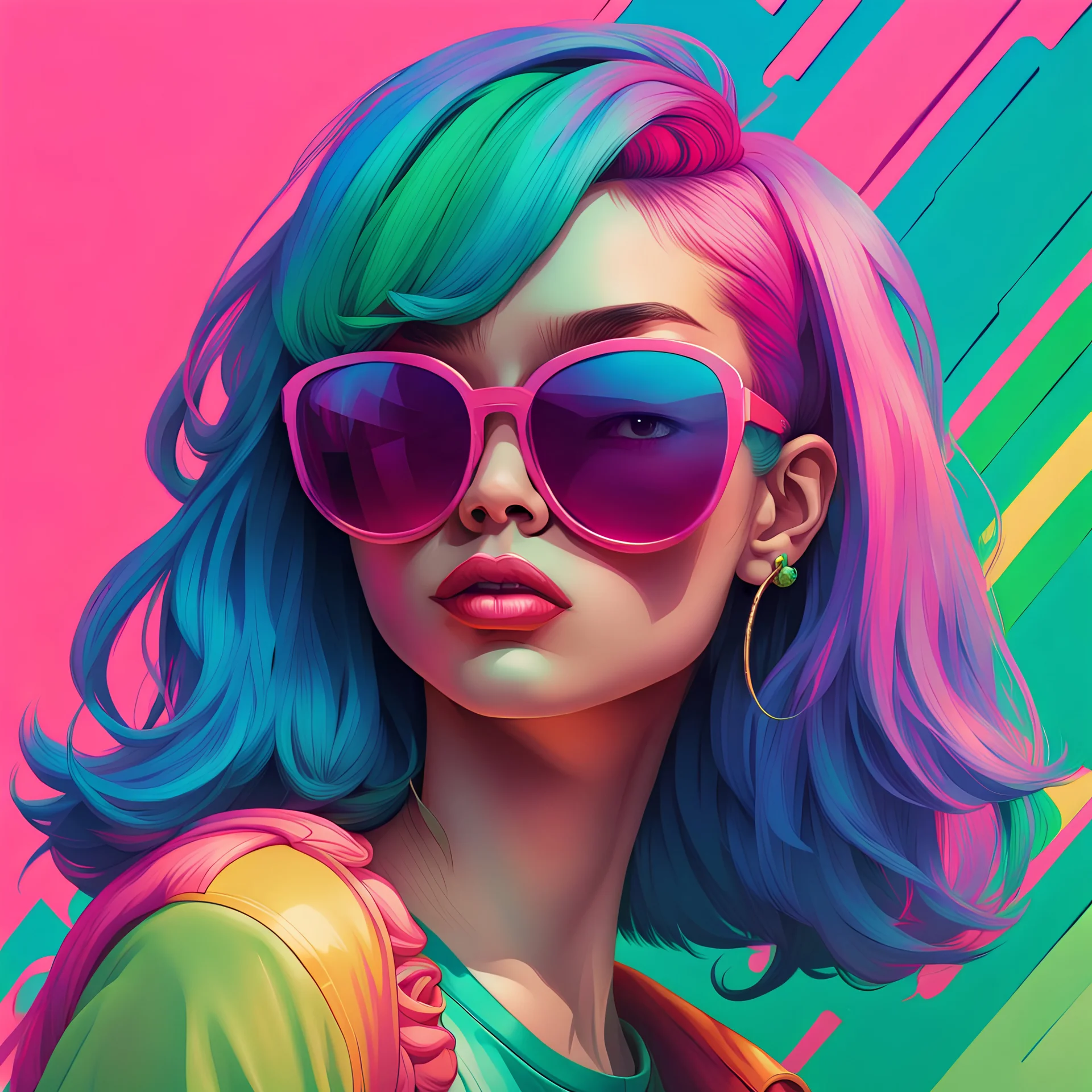a girl with blue hair and sunglasses in colorful colors, in the style of hyper-detailed illustrations, dark pink and light green, marvel comics, soft tonal shifts, aesthetic, green and amber, smooth lines --ar 1:2 --stylize 750 --v 6