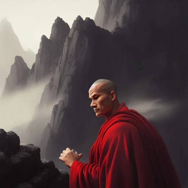 Portrait of a monk, red robe, mountain background, fog, face front, grimdark, Frank Frazetta, Greg Rutkowski, hyperdetailed, dnd, trending on Artstation, Splash screen art, dynamic lighting, hyperdetailed, intricately detailed, a masterpiece, 8k resolution, high contrast,