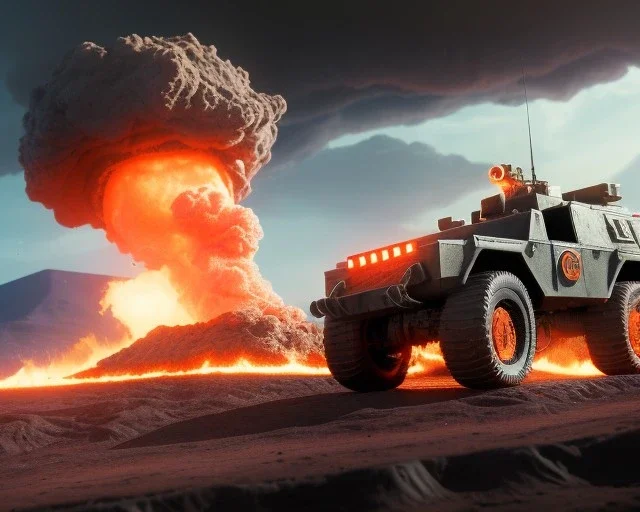 wide angle of Gi joe driving A lunar armored rover with tracks and claw and orange, troops, big Erupting Cloudy volcano, White headlight on flamethrower, wet blue