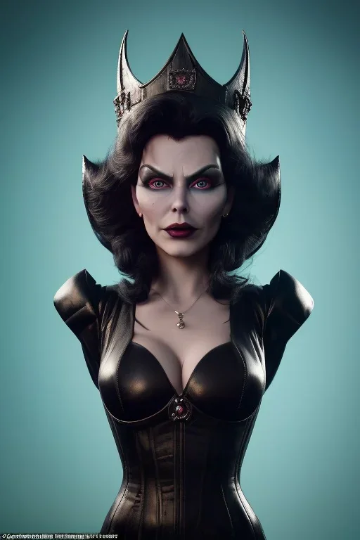 Lene Nystrøm as evil queen in black leather, busty, cleavage, voluptuous, Aqua Lene, angry, stern look. character design by cory loftis, fenghua zhong, ryohei hase, ismail inceoglu and ruan jia. unreal engine 5, artistic lighting, highly detailed, photorealistic, fantasy