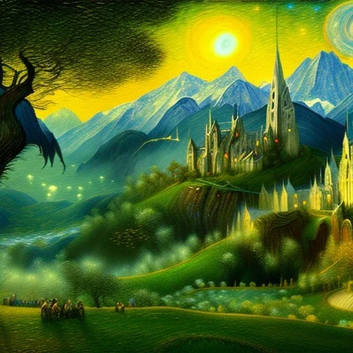 Epic Drawing of scenery of The LOTR estilo Van Gogh 4k