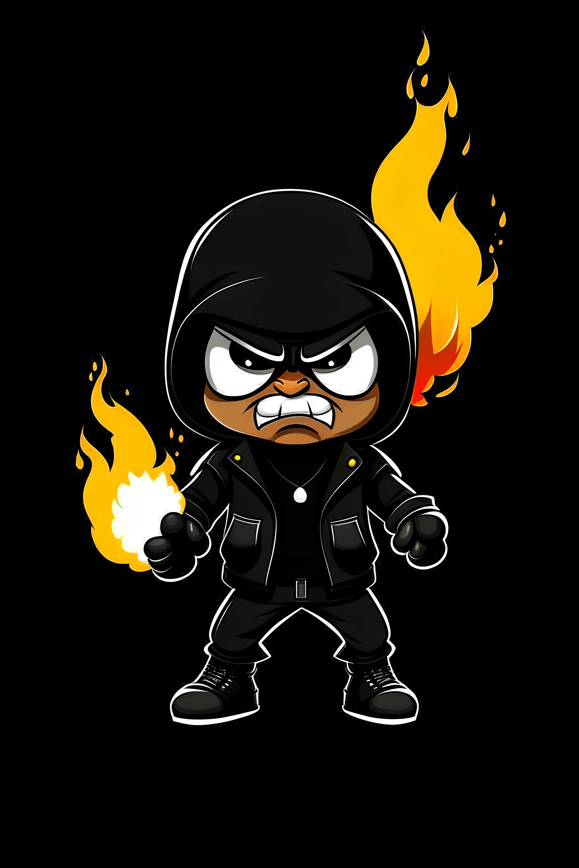 angry hooligan character in black holding a flare