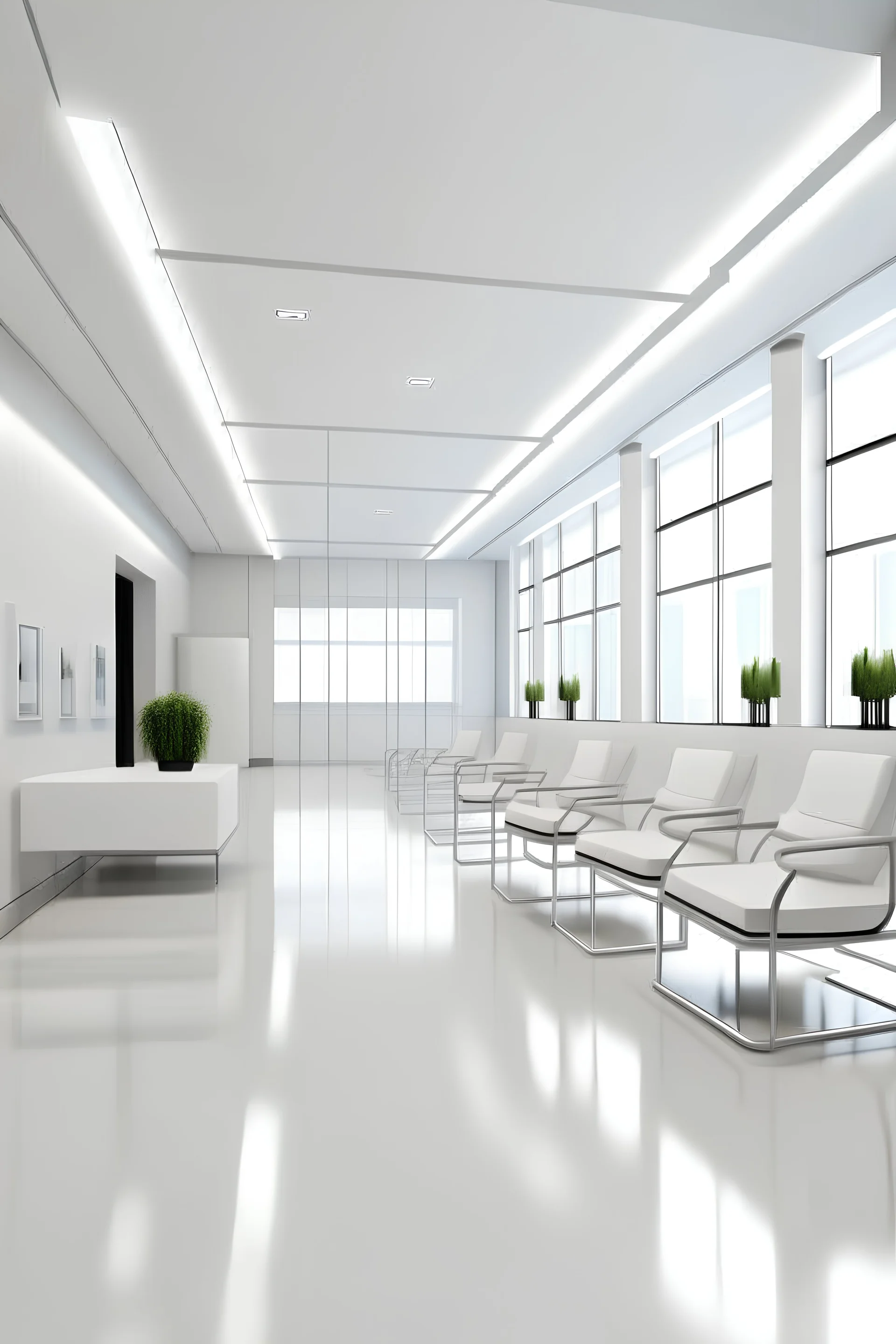 Infirmary inside, white and modern, medium-sized, with waiting and reception chairs.