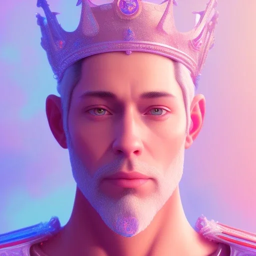 A portrait of a crystalised blue pink king, gold, sunny background, atmospheric, realistic, unreal engine, 8k. Cinematic lighting, octane render.