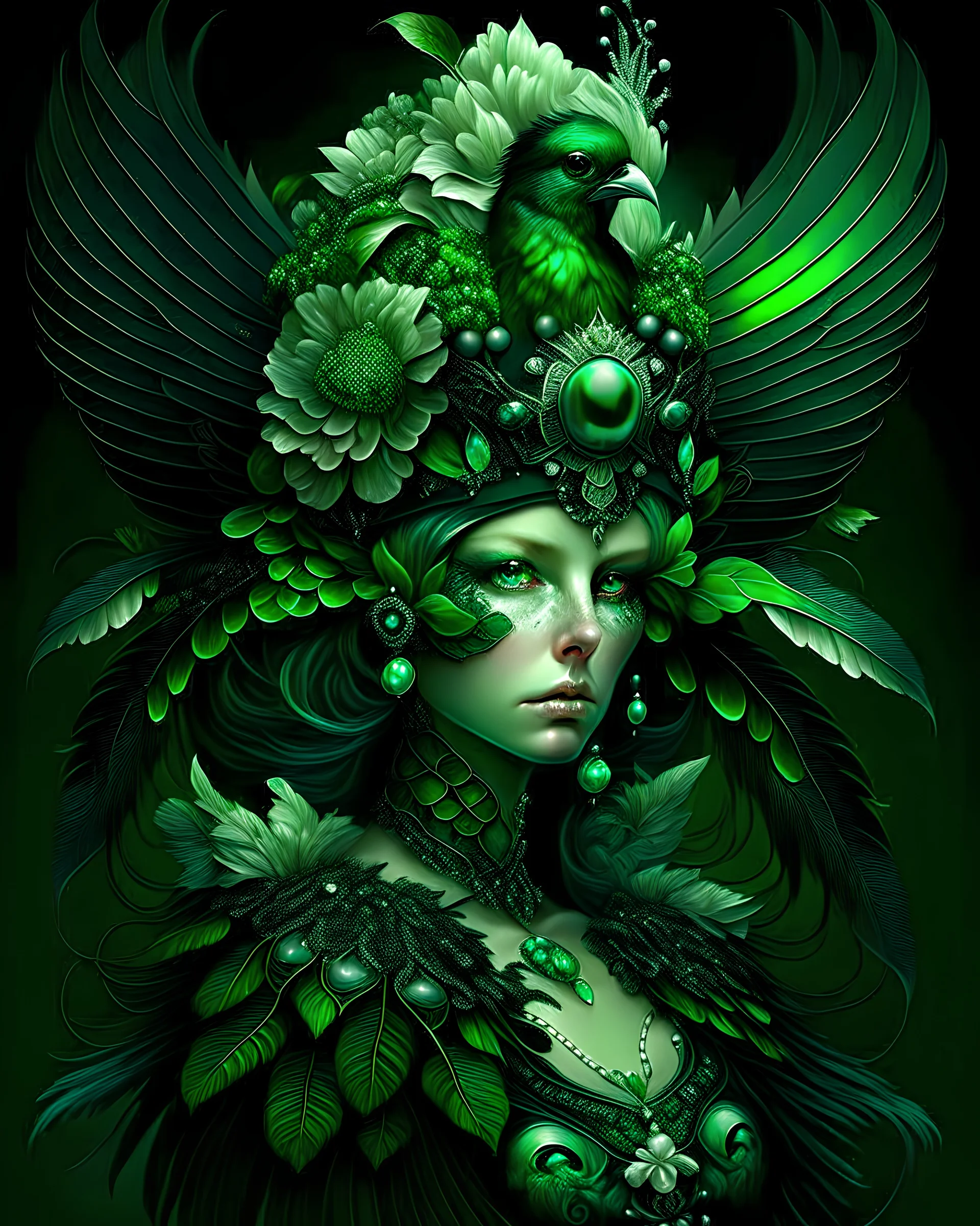 beautiful green bird lady portrait, textured detailed bioluminescence black and green wings adorned with renaissance style silver and black and white pearls, and black diamond headdress and masque, white and black and green florals, organic bio spinal ribbed detail of detailed creative rennaisance style light green colour florwers by moonlight background expressively, extremely detailed hyperrealistic maximálist concept art