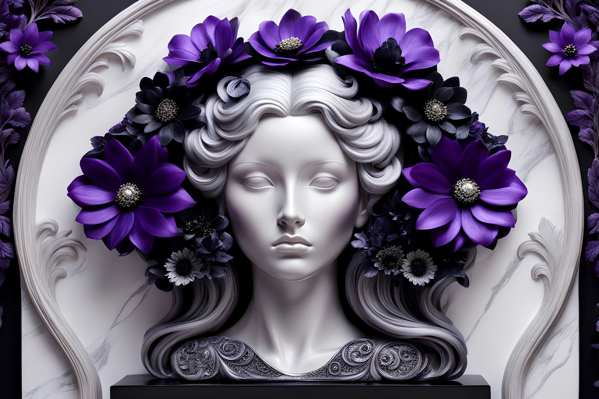 A silver-haired statuesque woman with black-purple silk flowers blooming around her head like a halo. She black to be carved from a block of marble, showcasing an intricate and flawless design. Her enchanting shiny gaze and the delicate flowers, plants decorations surrounding her make this piece a perfect representation of artistry , mystic fantasy and elegance.