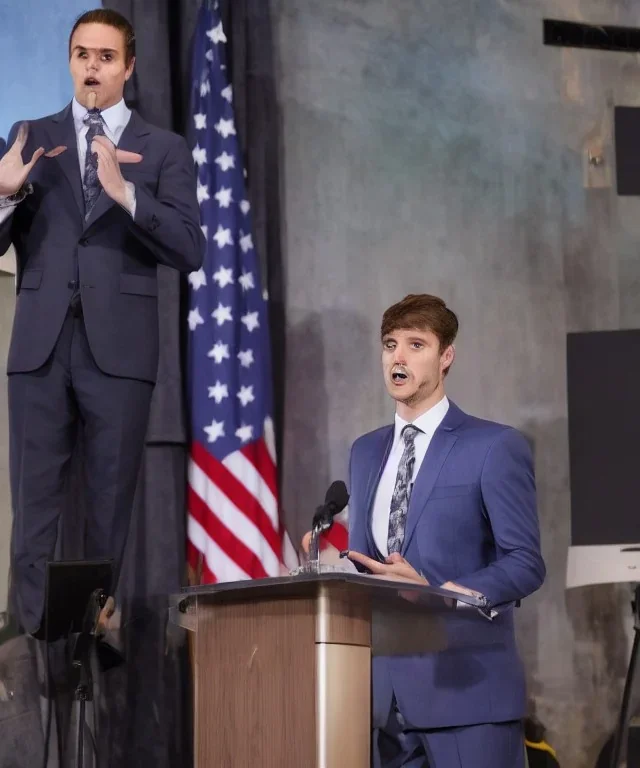 A lizard person in a suit, speaking at a podium