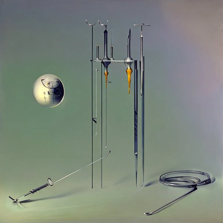 Soap Bubble including unverse-like complex surgical instruments mixed with musical instruments,Painting By Adrian Ghenie, Rene Magritte, Salvador Dali, Lucian Freud