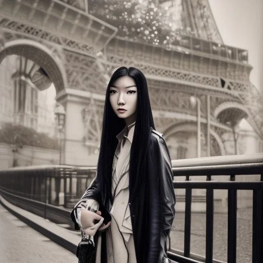 A young Asian woman with long hair and a black trench coat waiting for her lover at a train station in Paris