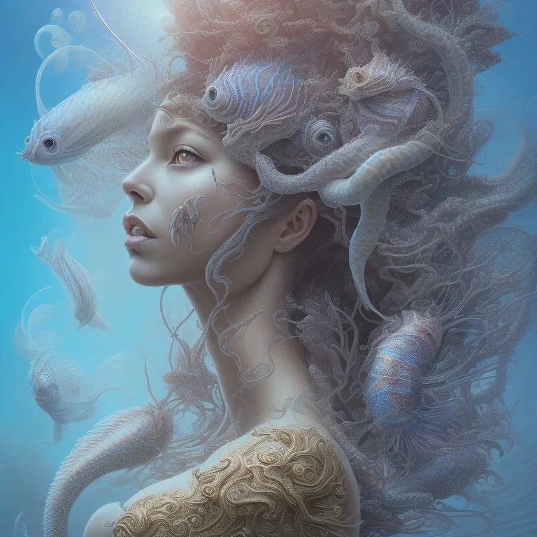 sango fantasy, fantasy magic, intricate, sharp focus, illustration, highly detailed, digital painting, concept art, matte, artgerm and paul lewin and kehinde wiley, masterpiece sexy lips Hawaiian afro hair lady body mermaid lionfish head blue space lady beach sea under water mermaid seaweed