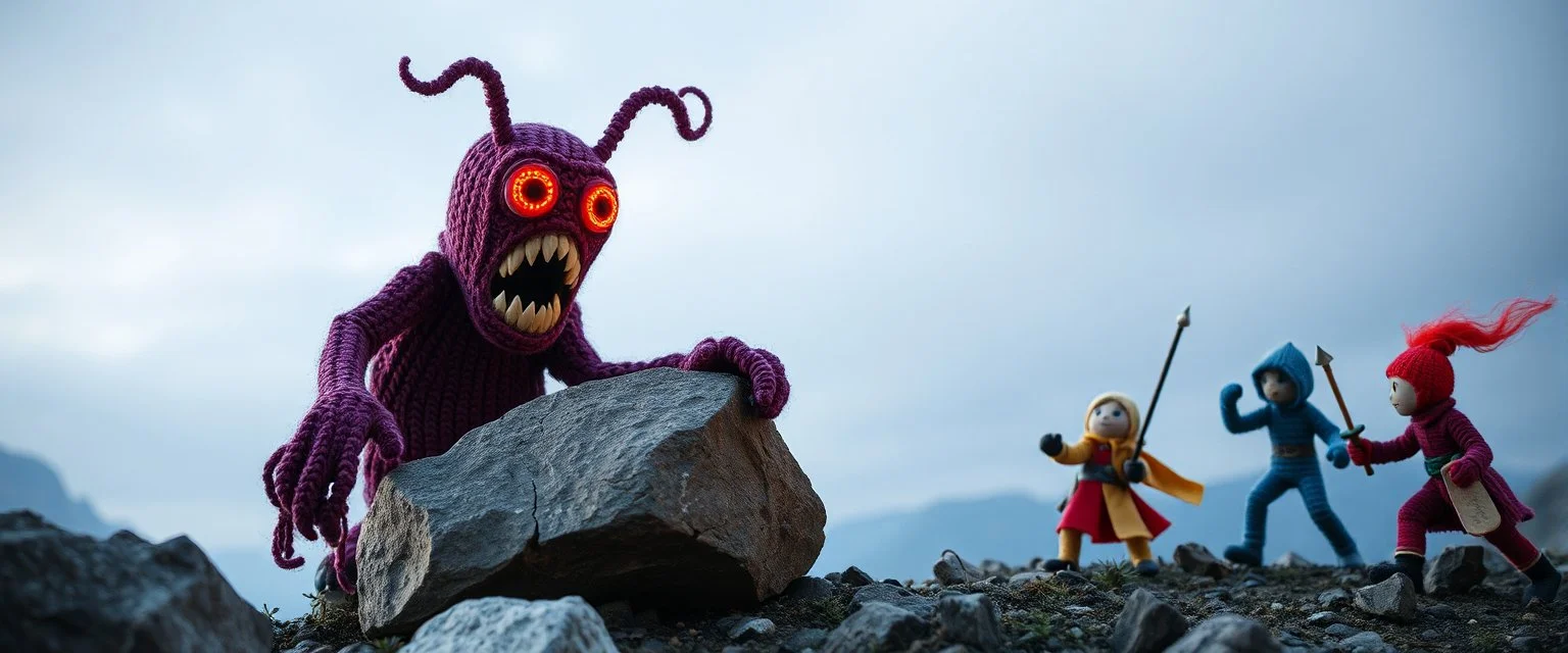 horrible space mother Ghoul monster masked as a rock, scaring the knitted heroes