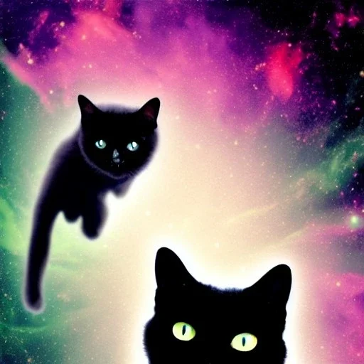 Black cat green eyes flying in space thru a nebulae