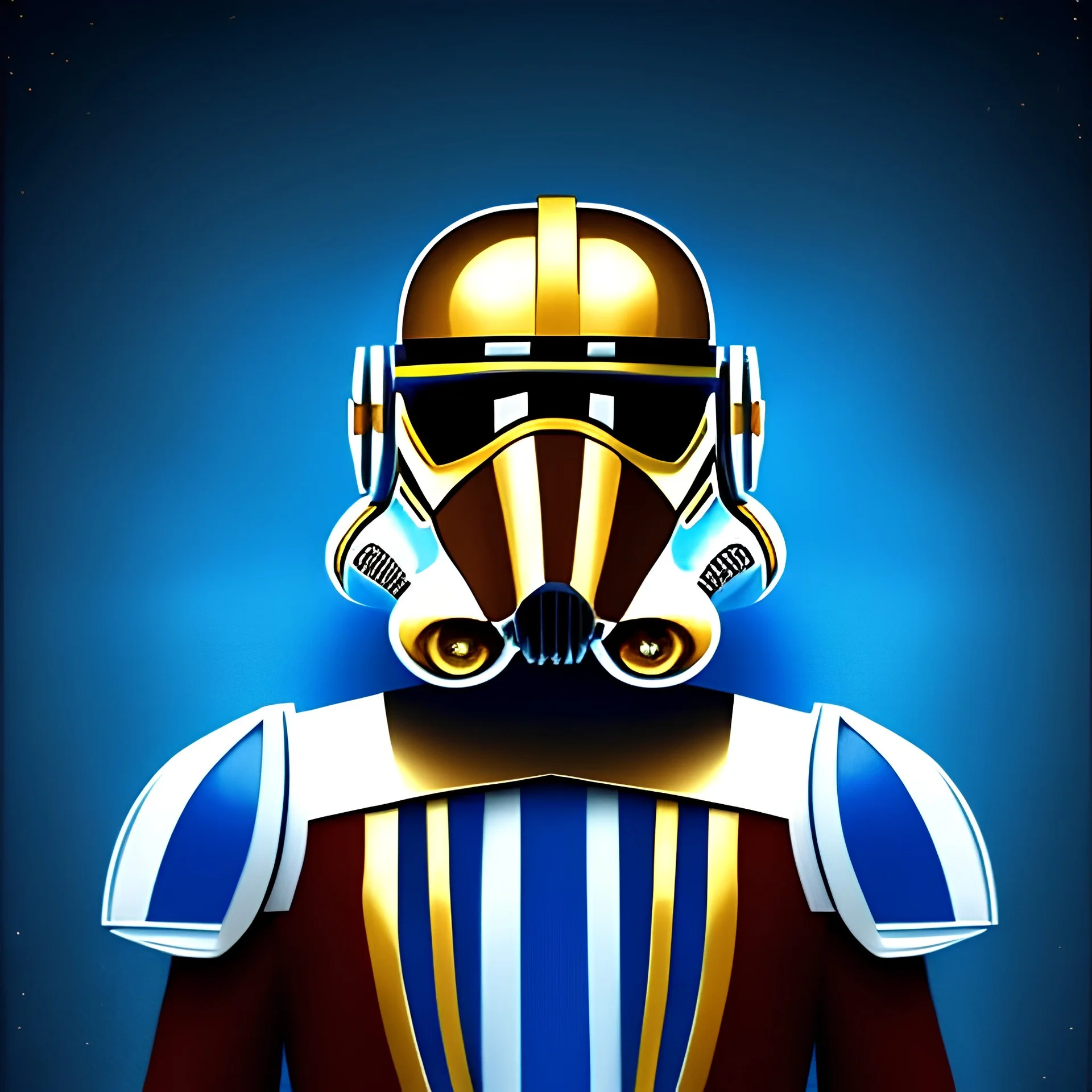 trés beau capitaine galactique, star wars style, avec costumes bleu et or , arrière fond bleu galactique étoilés, casque