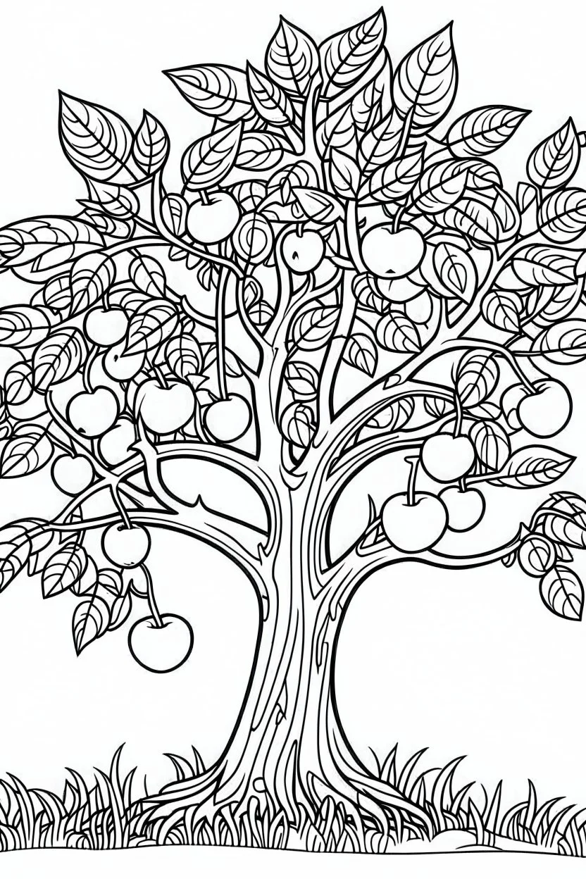 coloring page, apple tree, cartoon style, thick lines, low detail, no shading