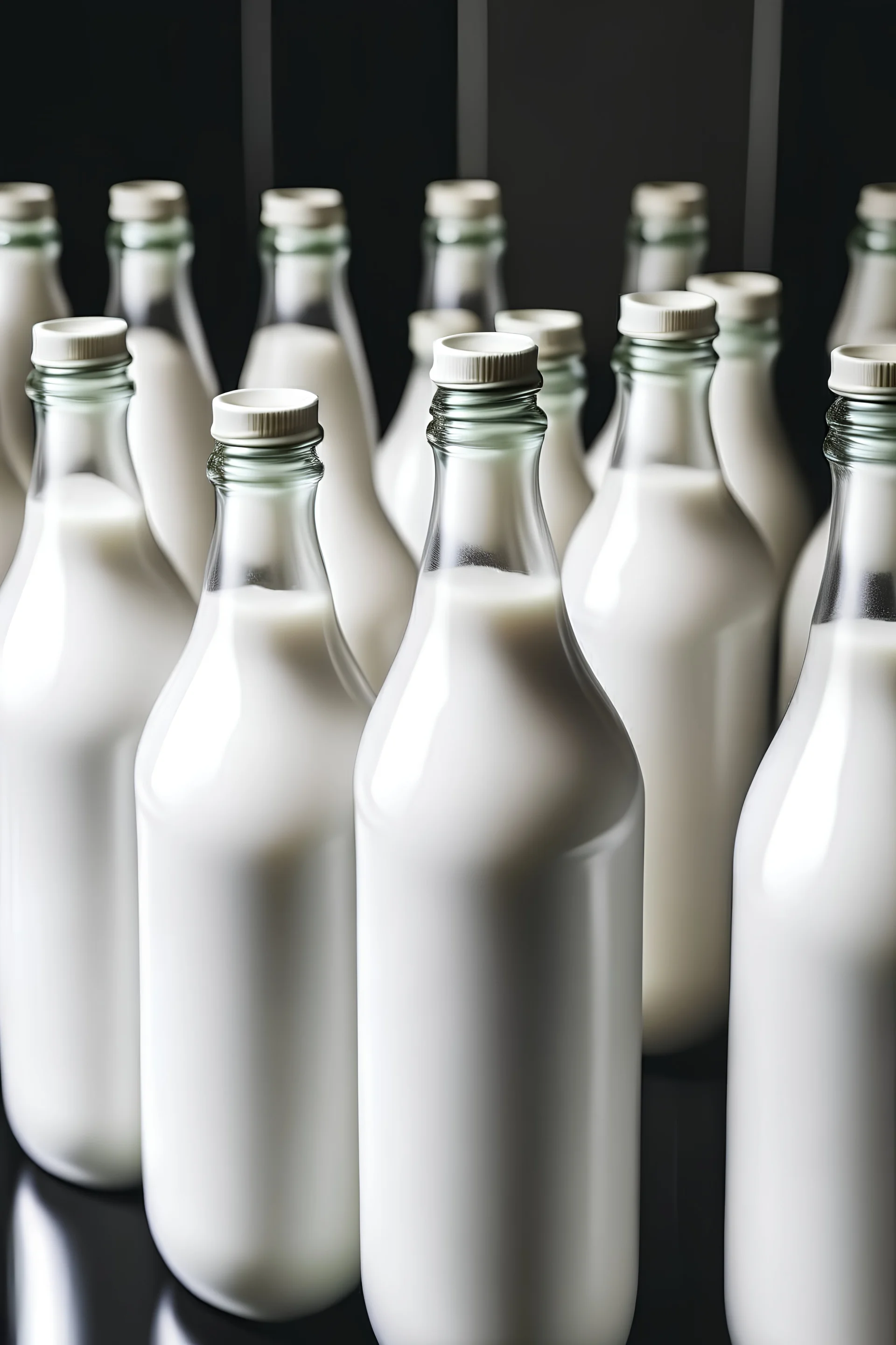 a lot of bottles of milk standing in a line